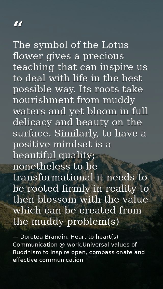 The symbol of the Lotus flower gives a precious teaching that can inspire us to deal with life in the best possible way. — Dorotea Brandin, Heart to heart(s) Communication @ work.Universal values of Buddhism to inspire open, compassionate and effective communication