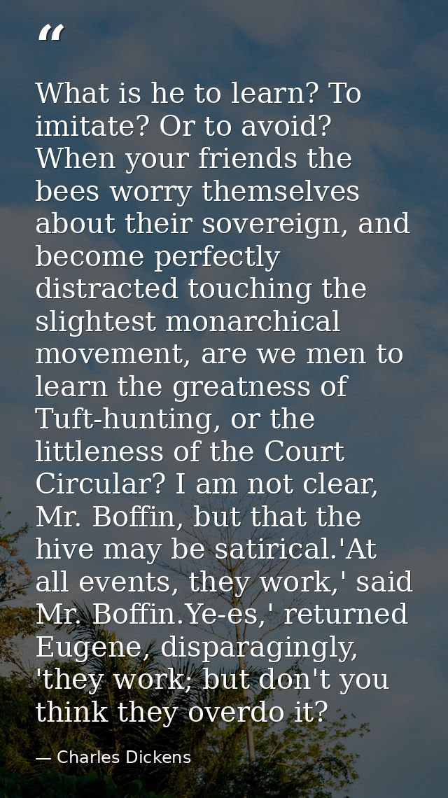 What is he to learn? To imitate? Or to avoid? When your friends the bees worry themselves about their sovereign, and bec — Charles Dickens
