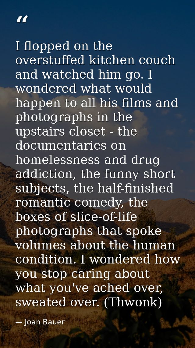 I flopped on the overstuffed kitchen couch and watched him go. I wondered what would happen to all his films and photogr — Joan Bauer