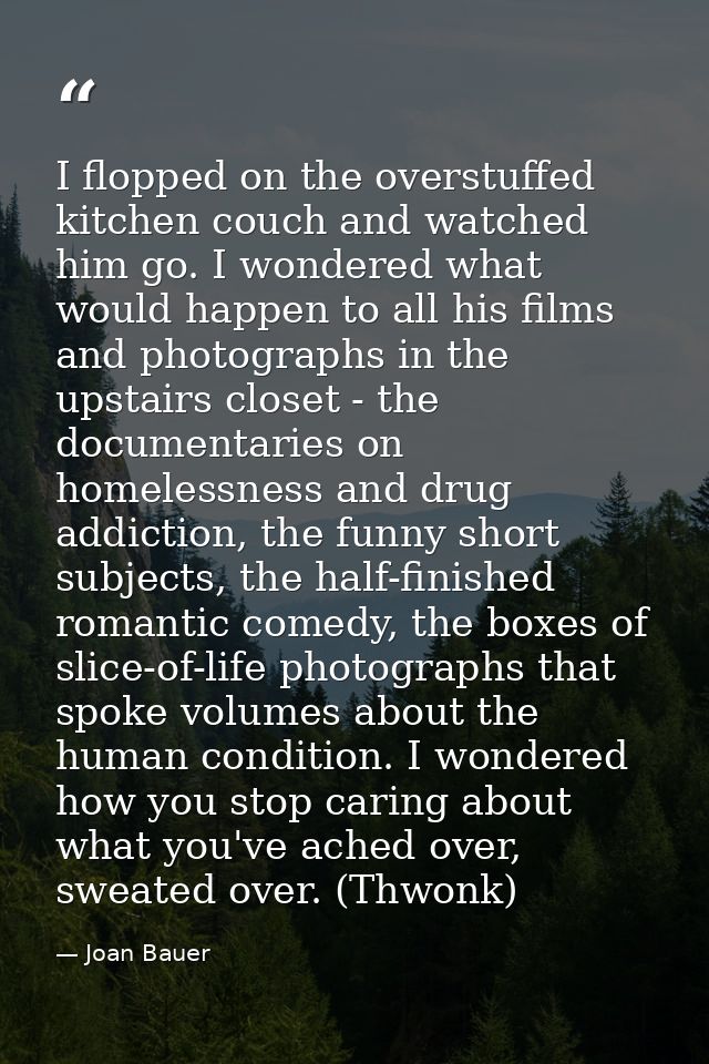 I flopped on the overstuffed kitchen couch and watched him go. I wondered what would happen to all his films and photogr — Joan Bauer