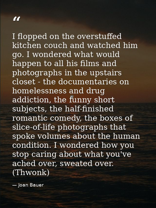 I flopped on the overstuffed kitchen couch and watched him go. I wondered what would happen to all his films and photogr — Joan Bauer