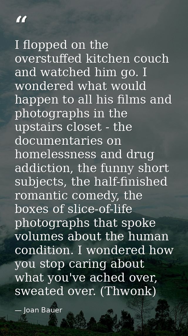 I flopped on the overstuffed kitchen couch and watched him go. I wondered what would happen to all his films and photogr — Joan Bauer
