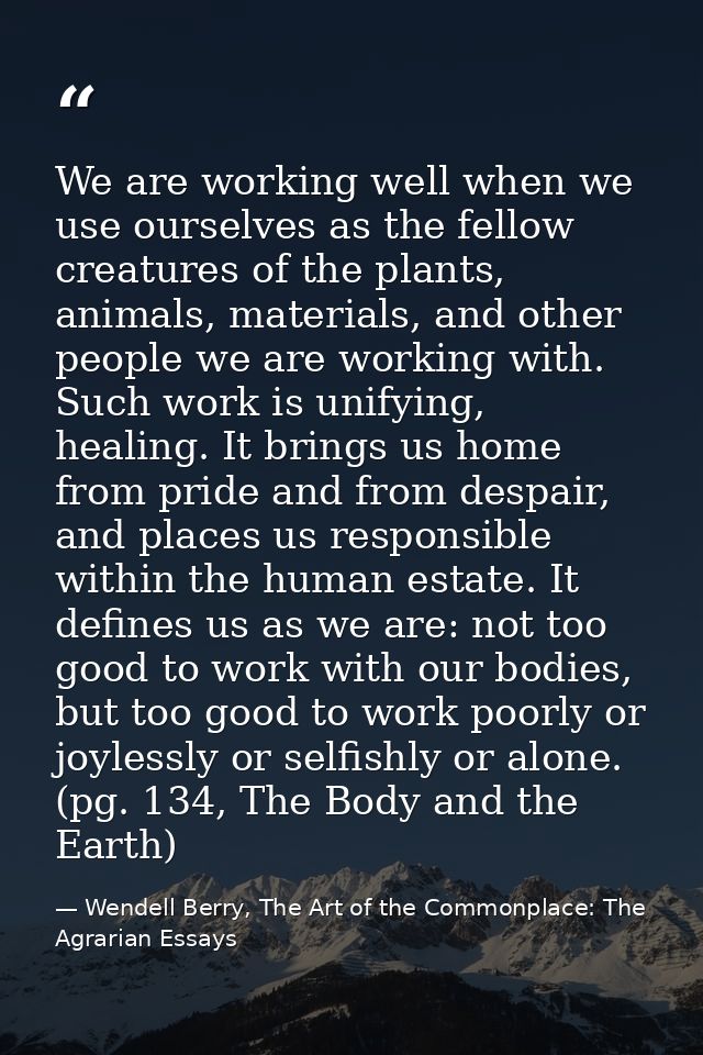 We are working well when we use ourselves as the fellow creatures of the plants, animals, materials, and other people we — Wendell Berry, The Art of the Commonplace: The Agrarian Essays