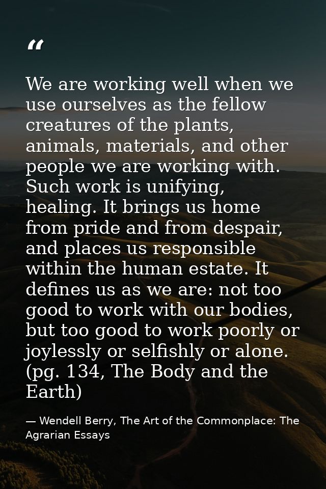 We are working well when we use ourselves as the fellow creatures of the plants, animals, materials, and other people we — Wendell Berry, The Art of the Commonplace: The Agrarian Essays