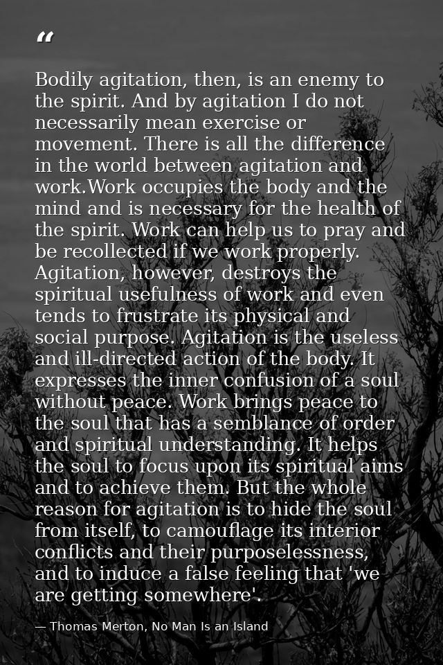 Bodily agitation, then, is an enemy to the spirit. And by agitation I do not necessarily mean exercise or movement. Ther — Thomas Merton, No Man Is an Island