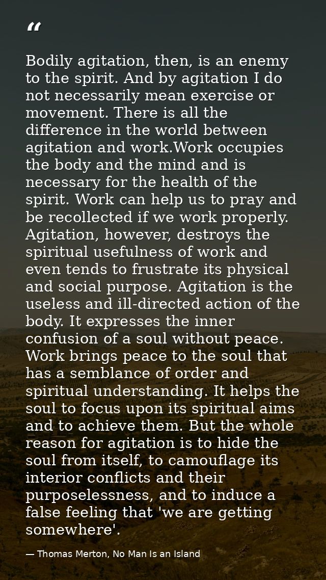 Bodily agitation, then, is an enemy to the spirit. And by agitation I do not necessarily mean exercise or movement. Ther — Thomas Merton, No Man Is an Island