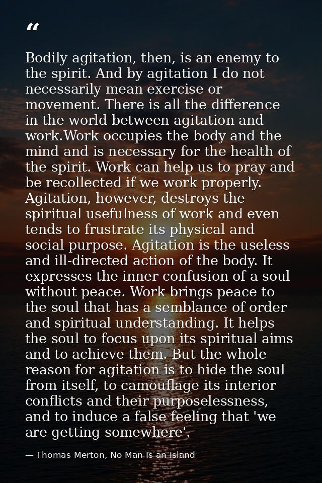 Bodily agitation, then, is an enemy to the spirit. And by agitation I do not necessarily mean exercise or movement. Ther — Thomas Merton, No Man Is an Island