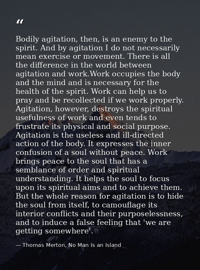 Bodily agitation, then, is an enemy to the spirit. And by agitation I do not necessarily mean exercise or movement. Ther — Thomas Merton, No Man Is an Island