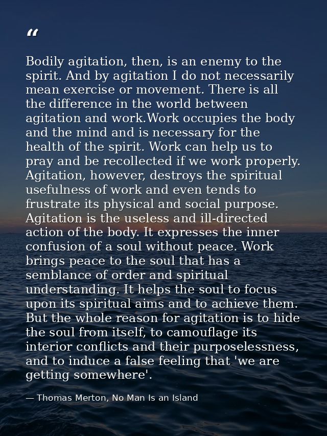 Bodily agitation, then, is an enemy to the spirit. And by agitation I do not necessarily mean exercise or movement. Ther — Thomas Merton, No Man Is an Island