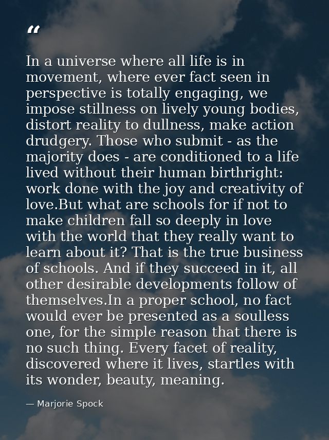 In a universe where all life is in movement, where ever fact seen in perspective is totally engaging, we impose stillnes — Marjorie Spock