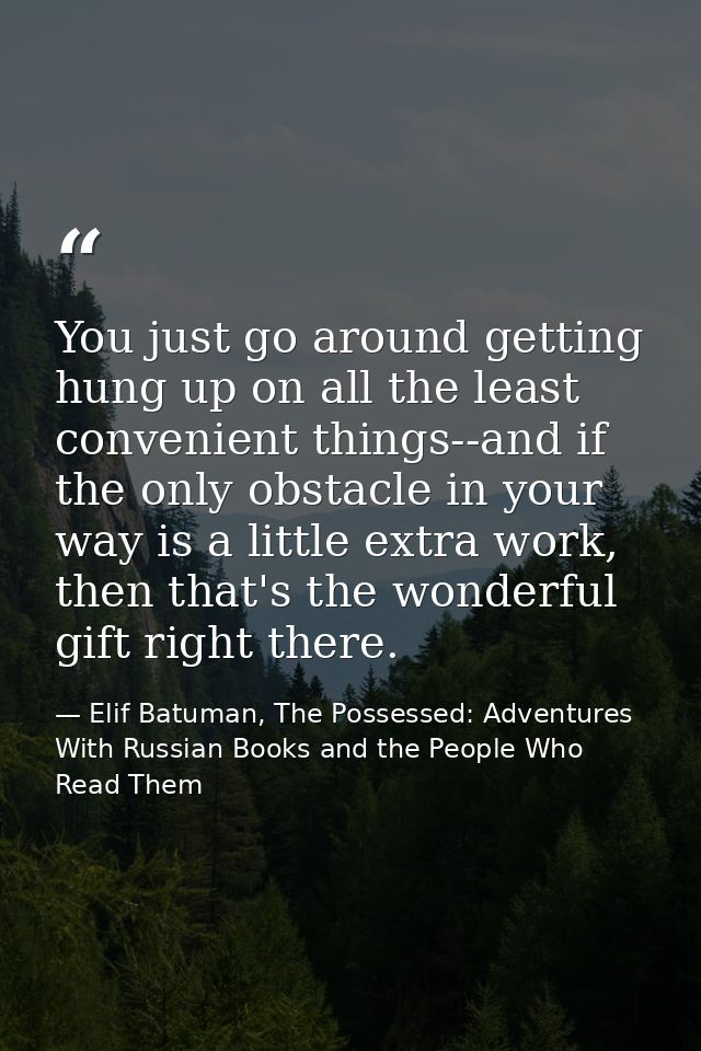 You just go around getting hung up on all the least convenient things--and if the only obstacle in your way is a little  — Elif Batuman, The Possessed: Adventures With Russian Books and the People Who Read Them