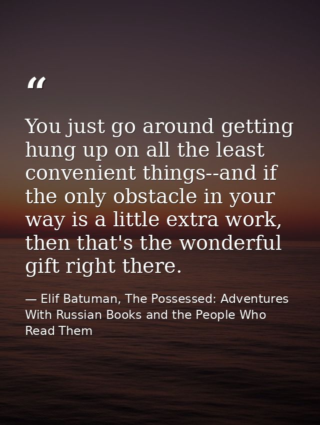 You just go around getting hung up on all the least convenient things--and if the only obstacle in your way is a little  — Elif Batuman, The Possessed: Adventures With Russian Books and the People Who Read Them