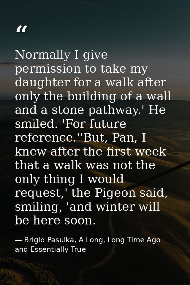 Normally I give permission to take my daughter for a walk after only the building of a wall and a stone pathway.' He smi — Brigid Pasulka, A Long, Long Time Ago and Essentially True