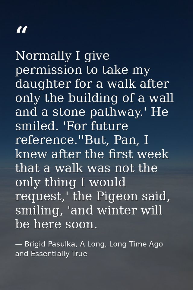 Normally I give permission to take my daughter for a walk after only the building of a wall and a stone pathway.' He smi — Brigid Pasulka, A Long, Long Time Ago and Essentially True