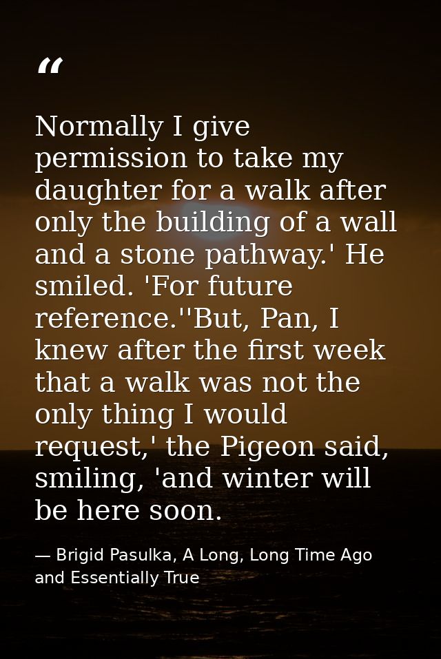 Normally I give permission to take my daughter for a walk after only the building of a wall and a stone pathway.' He smi — Brigid Pasulka, A Long, Long Time Ago and Essentially True
