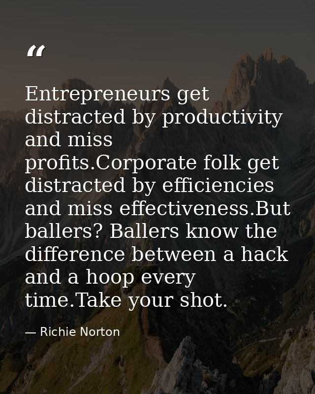Entrepreneurs get distracted by productivity and miss profits.Corporate folk get distracted by efficiencies and miss eff — Richie Norton