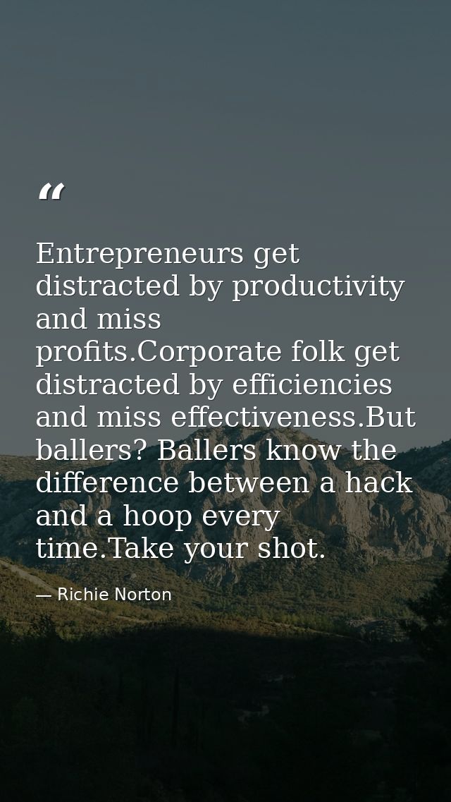 Entrepreneurs get distracted by productivity and miss profits.Corporate folk get distracted by efficiencies and miss eff — Richie Norton