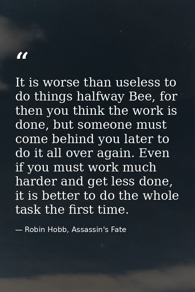 It is worse than useless to do things halfway Bee, for then you think the work is done, but someone must come behind you — Robin Hobb, Assassin's Fate