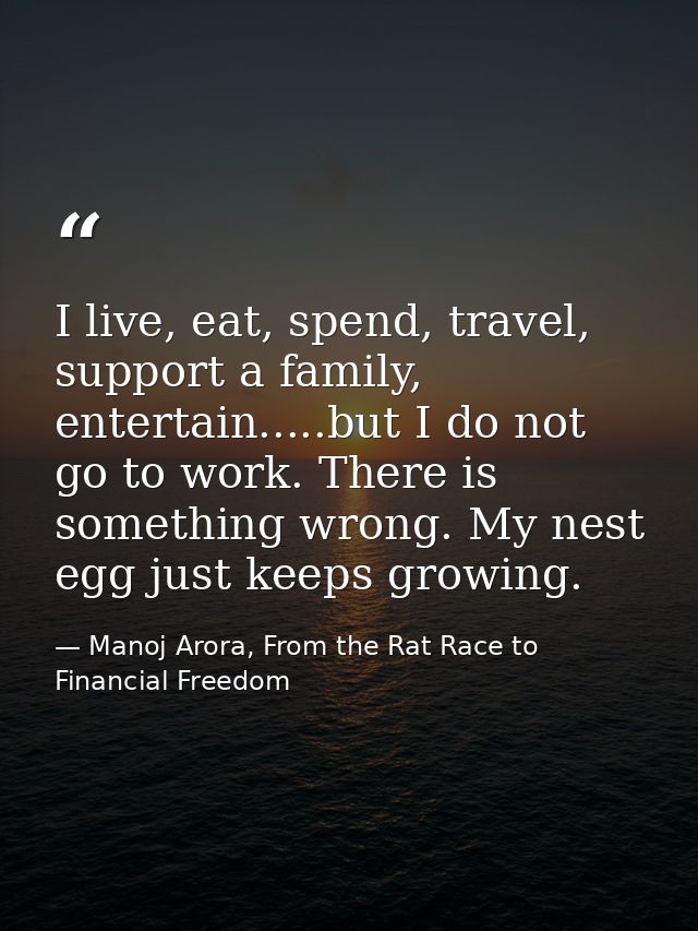 I live, eat, spend, travel, support a family, entertain.....but I do not go to work. There is something wrong. My nest e — Manoj Arora, From the Rat Race to Financial Freedom