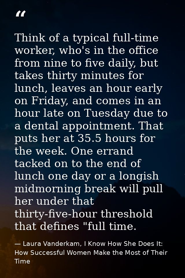 Think of a typical full-time worker, who's in the office from nine to five daily, but takes thirty minutes for lunch, le — Laura Vanderkam, I Know How She Does It: How Successful Women Make the Most of Their Time