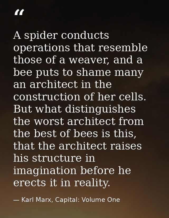A spider conducts operations that resemble those of a weaver, and a bee puts to shame many an architect in the construct — Karl Marx, Capital: Volume One