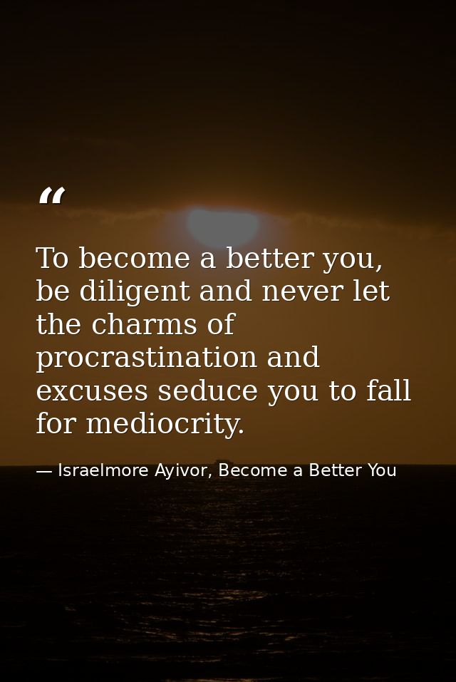 To become a better you, be diligent and never let the charms of procrastination and excuses seduce you to fall for medio — Israelmore Ayivor, Become a Better You