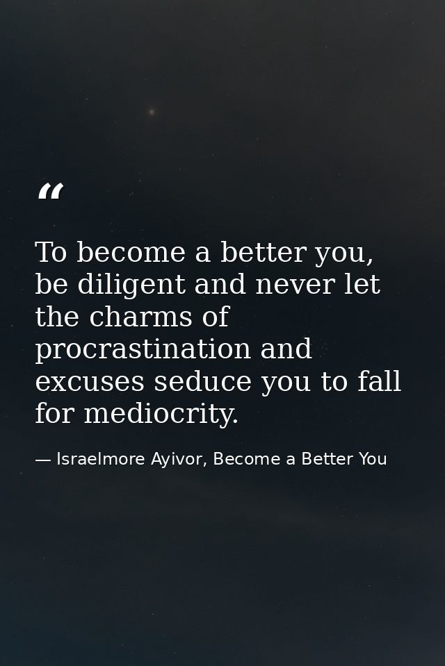 To become a better you, be diligent and never let the charms of procrastination and excuses seduce you to fall for medio — Israelmore Ayivor, Become a Better You