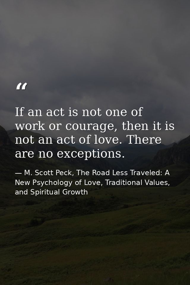 If an act is not one of work or courage, then it is not an act of love. There are no exceptions. — M. Scott Peck, The Road Less Traveled: A New Psychology of Love, Traditional Values, and Spiritual Growth