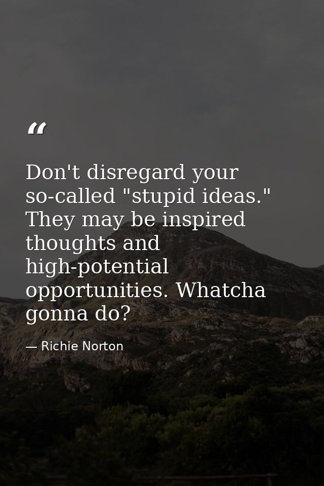 Don't disregard your so-called "stupid ideas." They may be inspired thoughts and high-potential opportunities. Whatcha g — Richie Norton