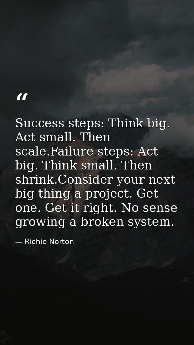 Success steps: Think big. Act small. Then scale.Failure steps: Act big. Think small. Then shrink.Consider your next big  — Richie Norton