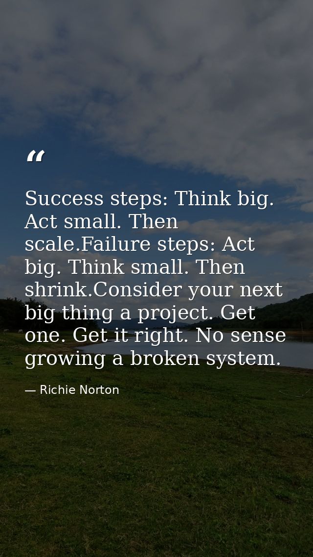 Success steps: Think big. Act small. Then scale.Failure steps: Act big. Think small. Then shrink.Consider your next big  — Richie Norton