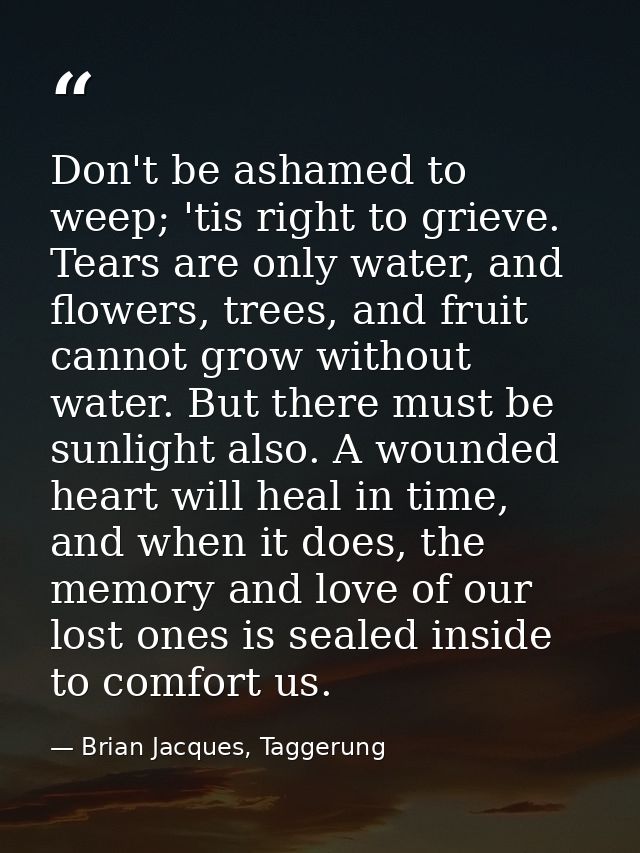 Don't be ashamed to weep; 'tis right to grieve. Tears are only water, and flowers, trees, and fruit cannot grow without  — Brian Jacques, Taggerung