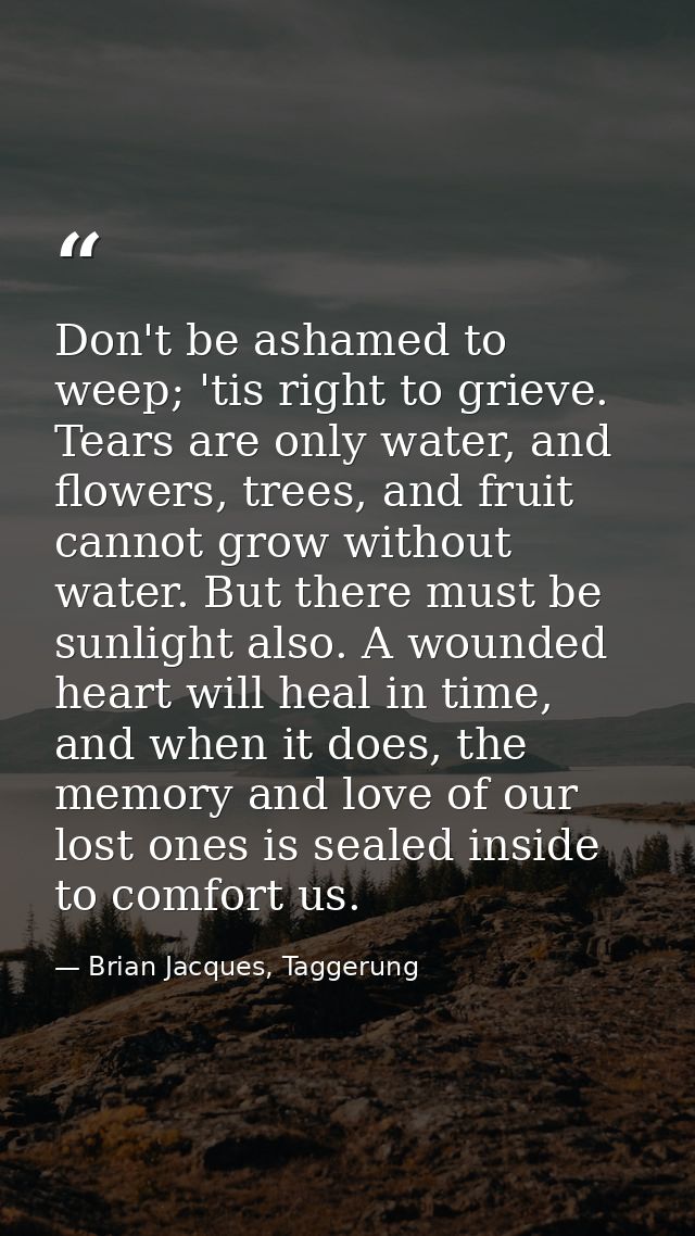 Don't be ashamed to weep; 'tis right to grieve. Tears are only water, and flowers, trees, and fruit cannot grow without  — Brian Jacques, Taggerung