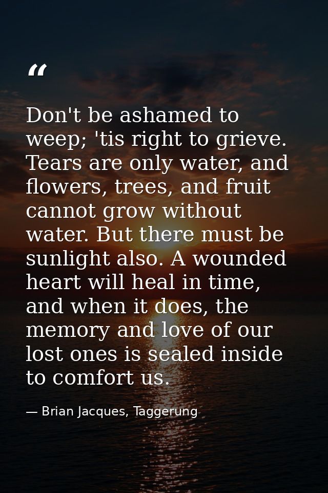 Don't be ashamed to weep; 'tis right to grieve. Tears are only water, and flowers, trees, and fruit cannot grow without  — Brian Jacques, Taggerung