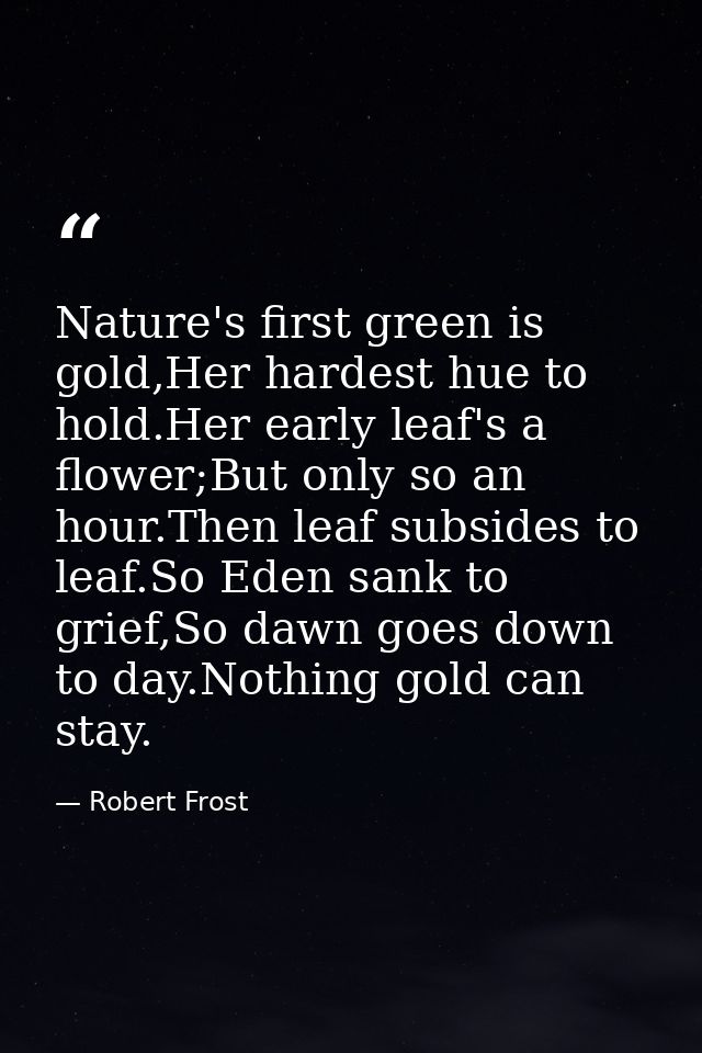 Nature's first green is gold,Her hardest hue to hold.Her early leaf's a flower;But only so an hour.Then leaf subsides to — Robert Frost