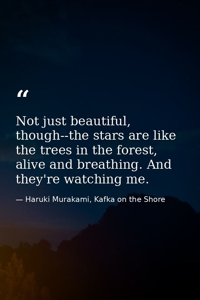 Not just beautiful, though--the stars are like the trees in the forest, alive and breathing. And they're watching me. — Haruki Murakami, Kafka on the Shore