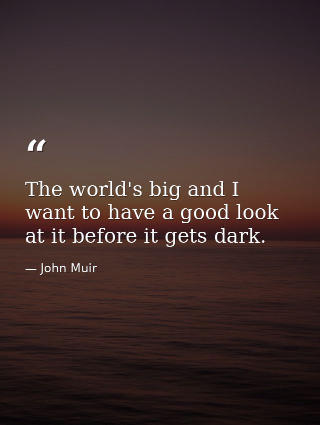 The world's big and I want to have a good look at it before it gets dark. — John Muir