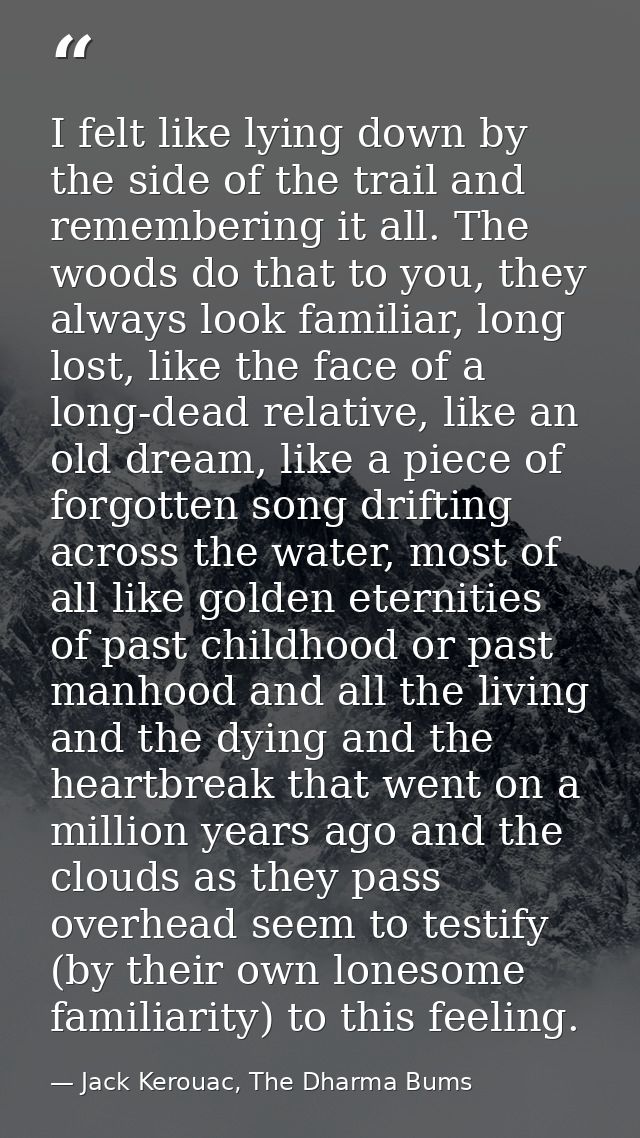 I felt like lying down by the side of the trail and remembering it all. The woods do that to you, they always look famil — Jack Kerouac, The Dharma Bums