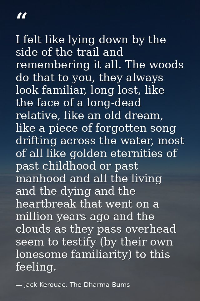 I felt like lying down by the side of the trail and remembering it all. The woods do that to you, they always look famil — Jack Kerouac, The Dharma Bums