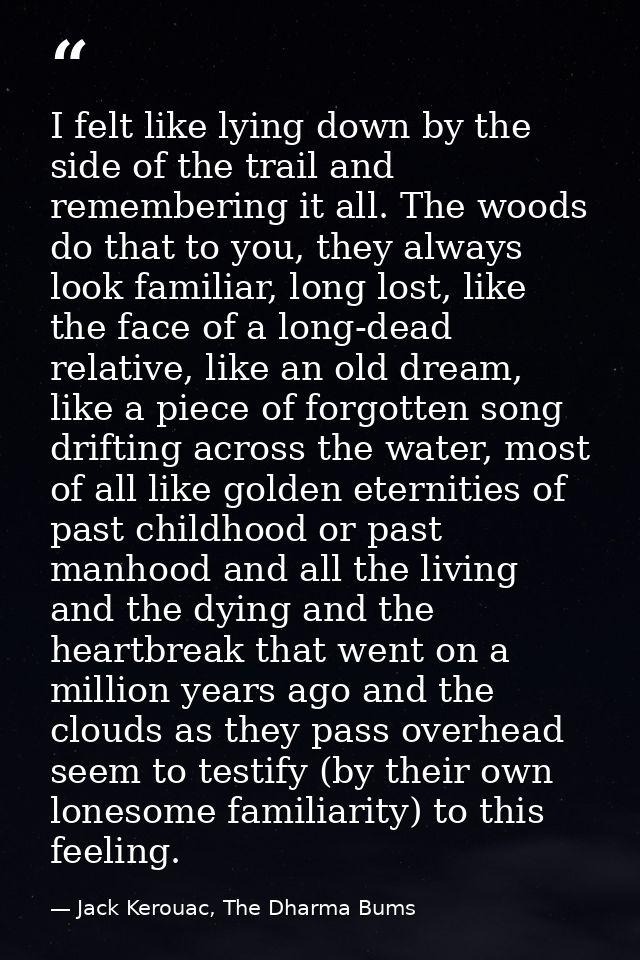 I felt like lying down by the side of the trail and remembering it all. The woods do that to you, they always look famil — Jack Kerouac, The Dharma Bums