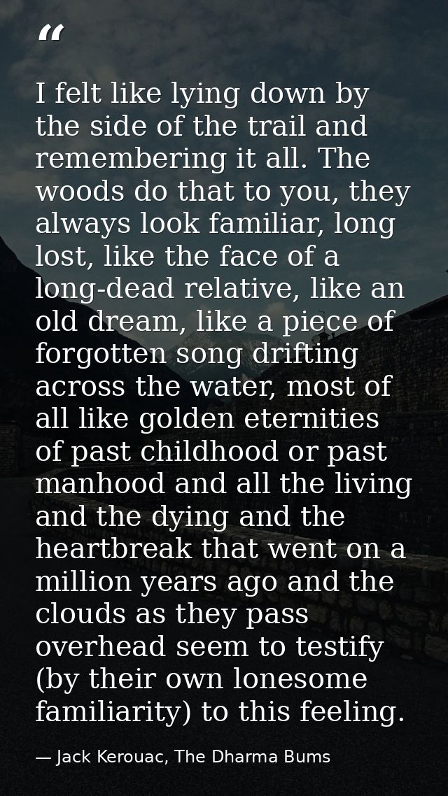 I felt like lying down by the side of the trail and remembering it all. The woods do that to you, they always look famil — Jack Kerouac, The Dharma Bums