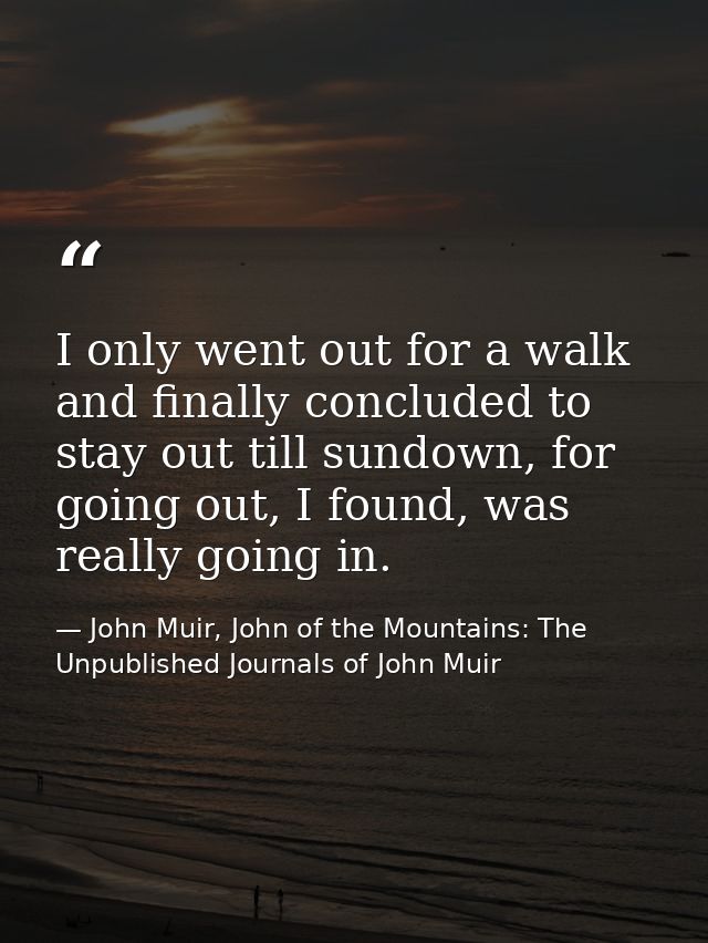 I only went out for a walk and finally concluded to stay out till sundown, for going out, I found, was really going in. — John Muir, John of the Mountains: The Unpublished Journals of John Muir