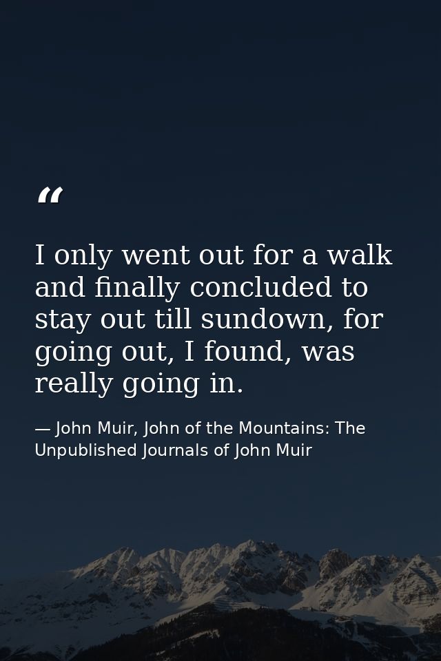 I only went out for a walk and finally concluded to stay out till sundown, for going out, I found, was really going in. — John Muir, John of the Mountains: The Unpublished Journals of John Muir