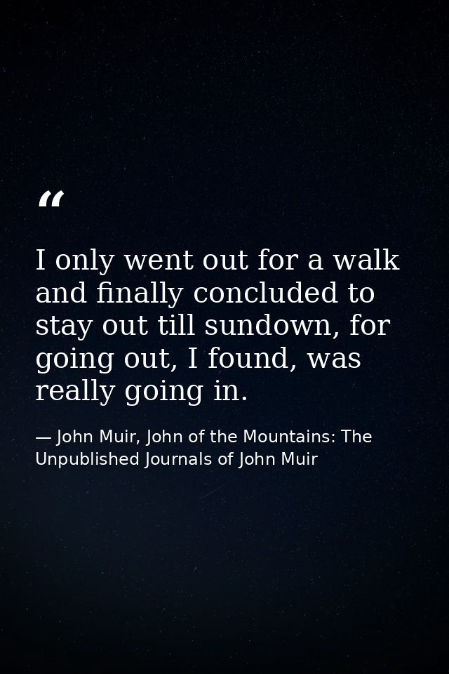 I only went out for a walk and finally concluded to stay out till sundown, for going out, I found, was really going in. — John Muir, John of the Mountains: The Unpublished Journals of John Muir