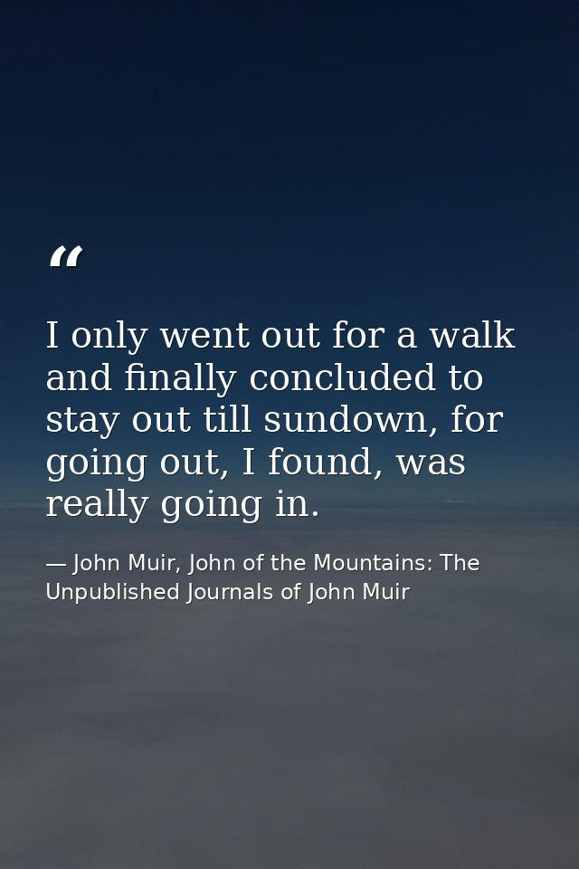 I only went out for a walk and finally concluded to stay out till sundown, for going out, I found, was really going in. — John Muir, John of the Mountains: The Unpublished Journals of John Muir