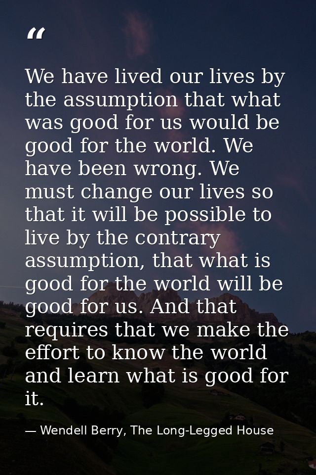 We have lived our lives by the assumption that what was good for us would be good for the world. We have been wrong. We  — Wendell Berry, The Long-Legged House