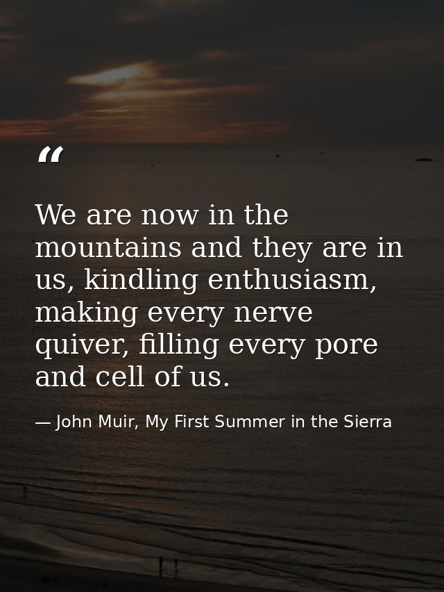 We are now in the mountains and they are in us, kindling enthusiasm, making every nerve quiver, filling every pore and c — John Muir, My First Summer in the Sierra