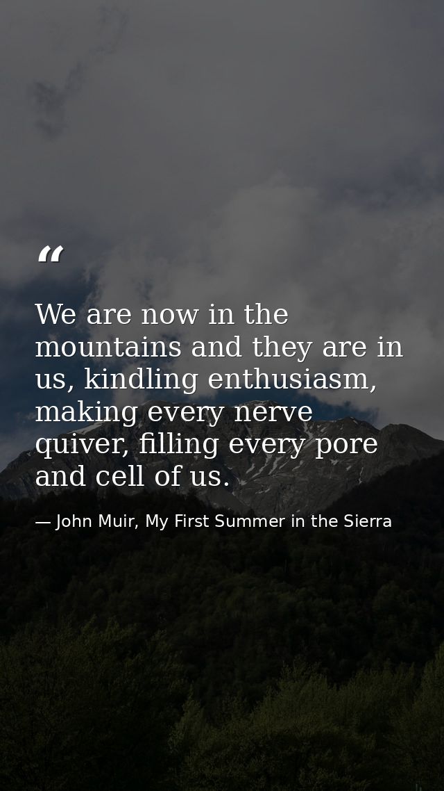 We are now in the mountains and they are in us, kindling enthusiasm, making every nerve quiver, filling every pore and c — John Muir, My First Summer in the Sierra
