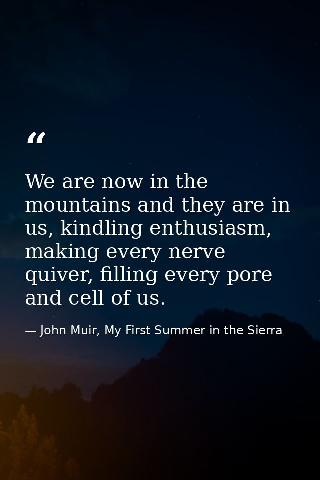 We are now in the mountains and they are in us, kindling enthusiasm, making every nerve quiver, filling every pore and c — John Muir, My First Summer in the Sierra
