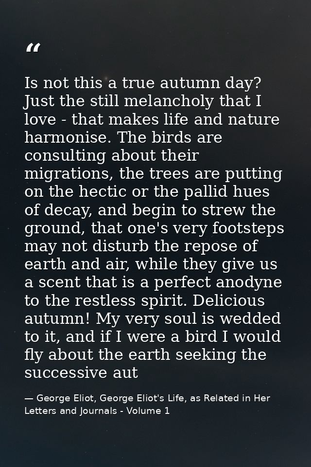 Is not this a true autumn day? Just the still melancholy that I love - that makes life and nature harmonise. The birds a — George Eliot, George Eliot's Life, as Related in Her Letters and Journals - Volume 1
